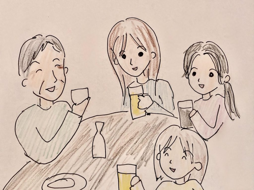 ホヤのタイミングと、みさえさんの酒豪疑惑という見出しの記事のイラスト