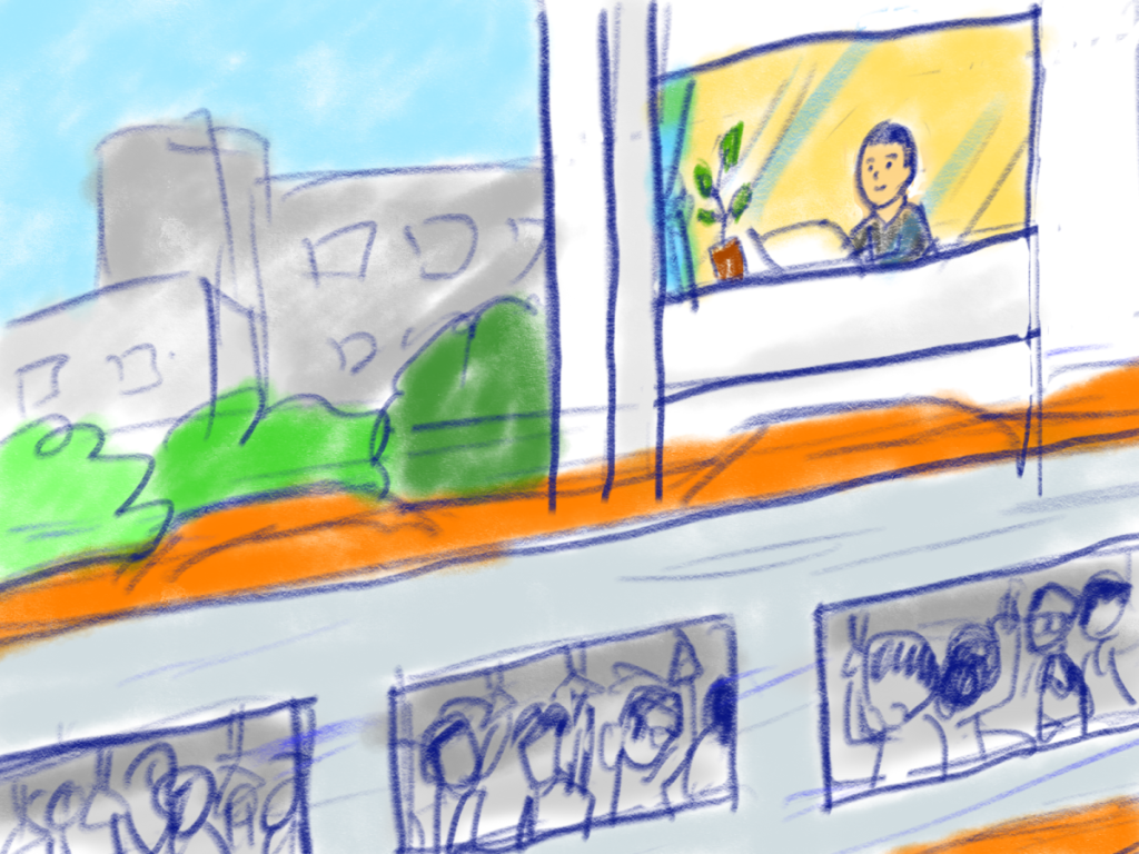 通勤電車を横目に、自宅のパソコンで仕事をしている人。『通勤しなくていい！』とうれしそうなイメージ