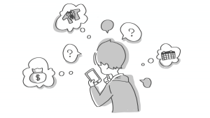 ①求職者がスマホ片手に仕事探してる様子のイラスト