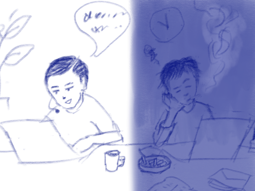 自宅でパソコンを使って働く人。片側に笑顔、片側に困った顔を描き、リモートワークには良い面と大変な面があることが分かるイメージ。