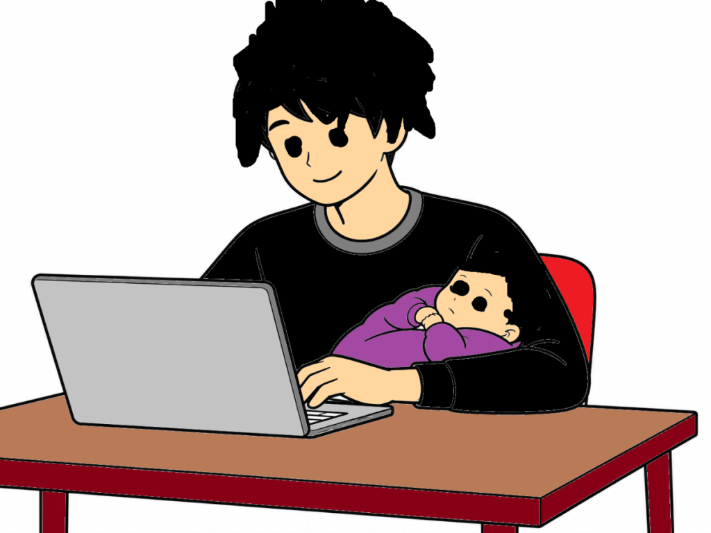 パソコンの前で子どもに呼ばれて困っている、在宅勤務中の女性