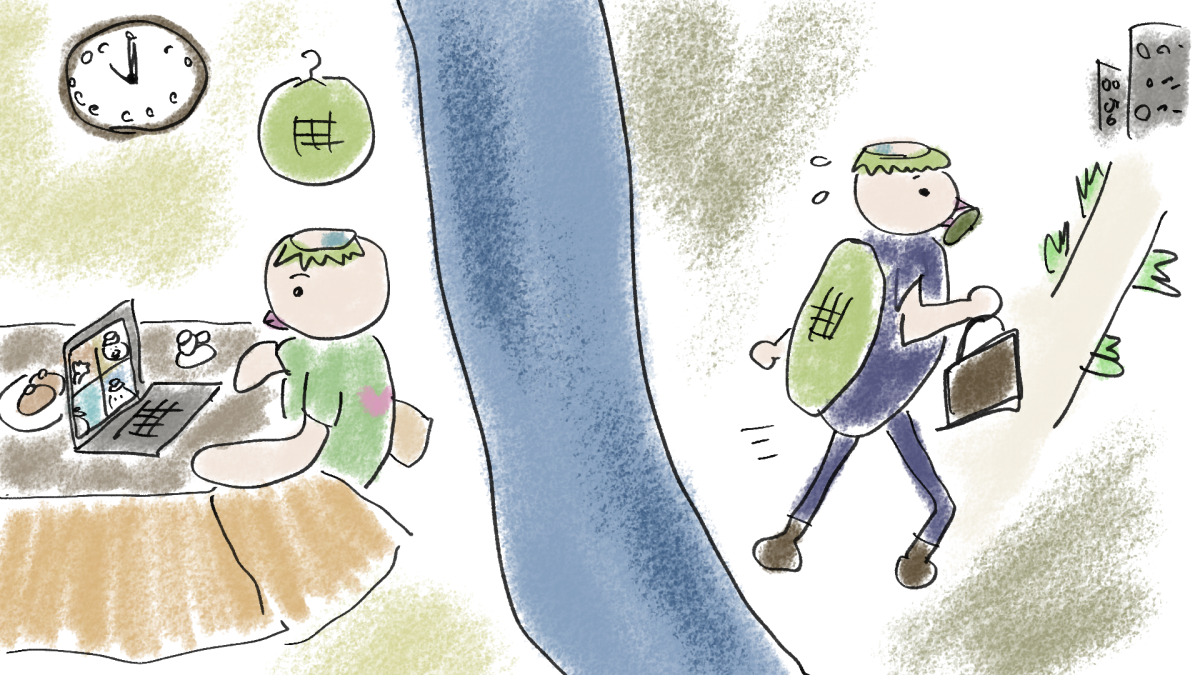在宅で仕事をしている人と、出社に戻ろうとする人の対比が伝わるイラスト